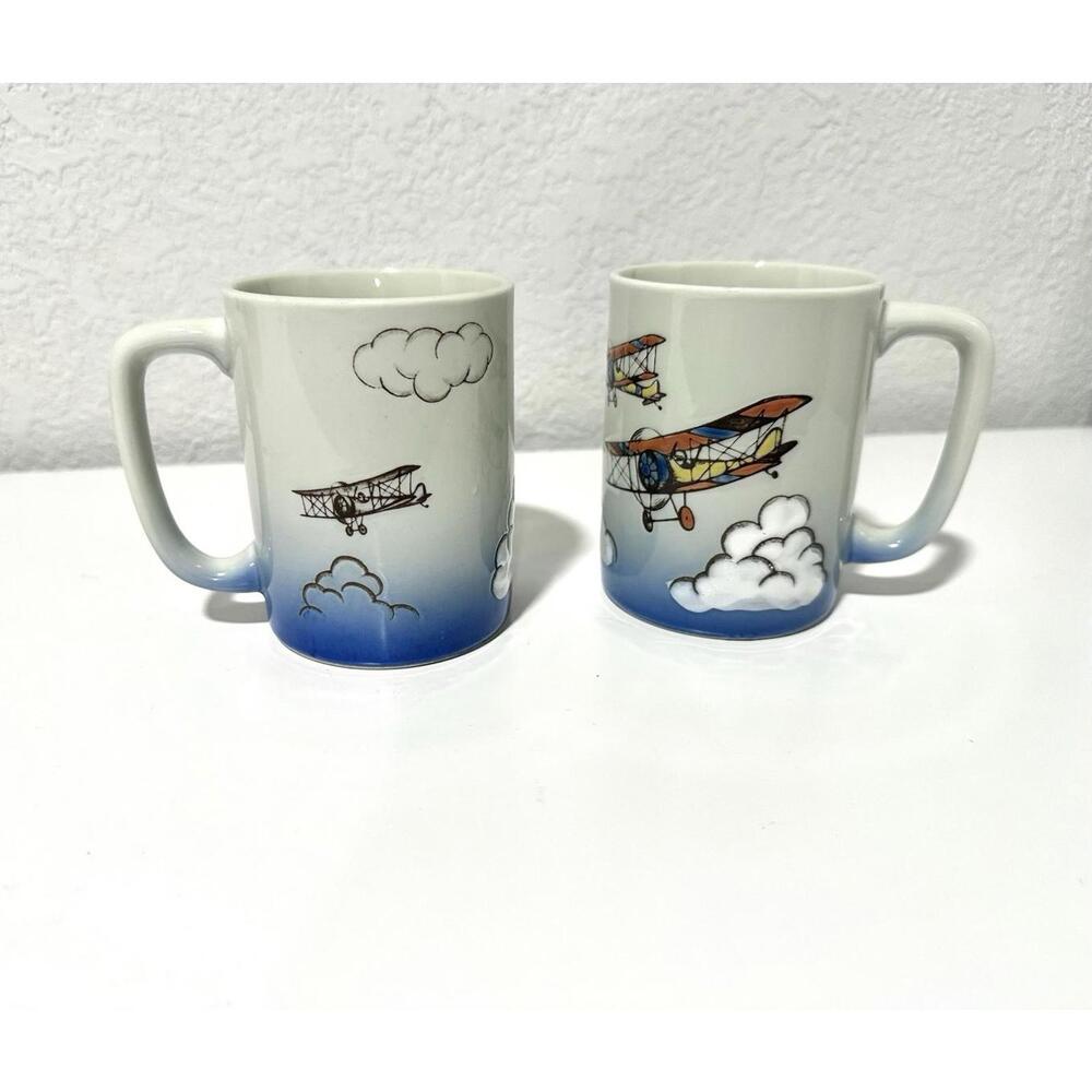 Vintage Otagiri Coffee Mugs Ceramic Biplane Design Clouds Collectible Set of 2